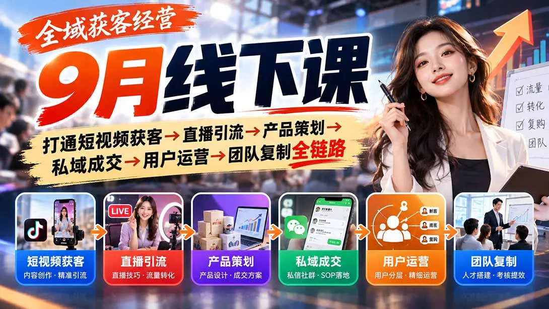 全域获客经营9月线下课：打通短视频获客→直播引流→产品策划→私域成交→用户运营→团队复制全链路 1