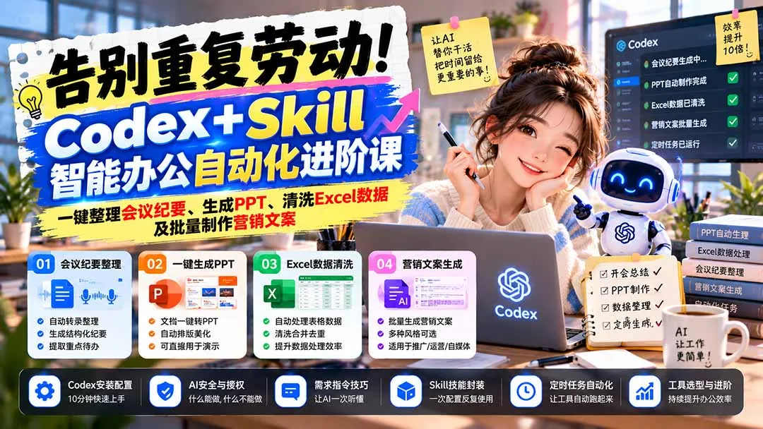 告别重复劳动!Codex+Skill智能办公自动化进阶课:一键整理会议纪要、生成PPT、清洗Excel数据及批量制作营销文案 1 告别重复劳动!Codex+Skill智能办公自动化进阶课:一键整理会议纪要、生成PPT、清洗Excel数据及批量制作营销文案 1