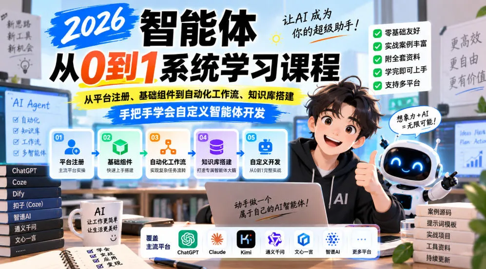 2026智能体从0到1系统学习课程，从平台注册、基础组件到自动化工作流、知识库搭建，手把手学会自定义智能体开发