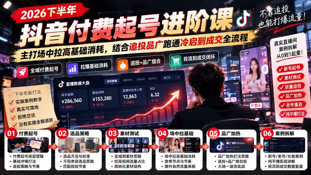 2026下半年抖音付费起号进阶课：主打场中拉高基础消耗，结合追投品广跑通冷启到成交全流程 1