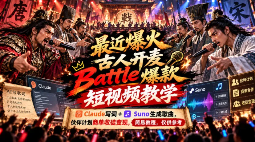 最近爆火古人开麦Battle爆款短视频教学,Claude写词+Suno生成歌曲,伙伴计划商单收徒变现,简易教程,仅供参考