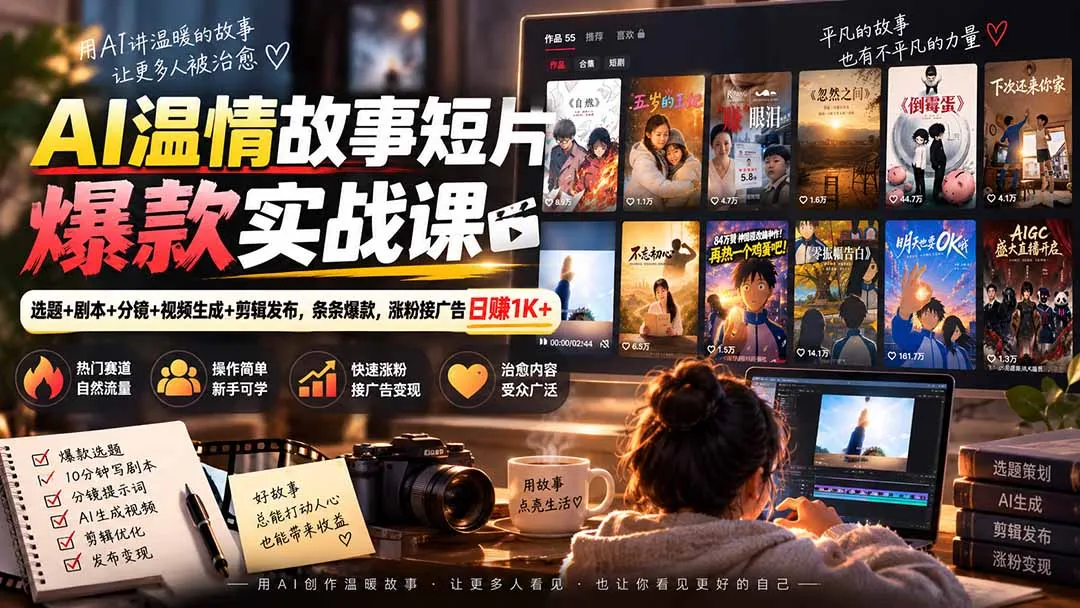 AI温情故事短片爆款实战课-更新|选题+剧本+分镜+视频生成+剪辑发布,条条爆款,涨粉接广告日赚1K+ 1 AI温情故事短片爆款实战课-更新|选题+剧本+分镜+视频生成+剪辑发布,条条爆款,涨粉接广告日赚1K+ 1