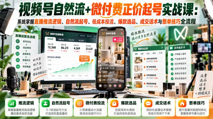 视频号自然流+微付费正价起号实战课：系统掌握直播推流逻辑、自然流起号、低成本投流、爆款选品、成交话术与憋单技巧全流程