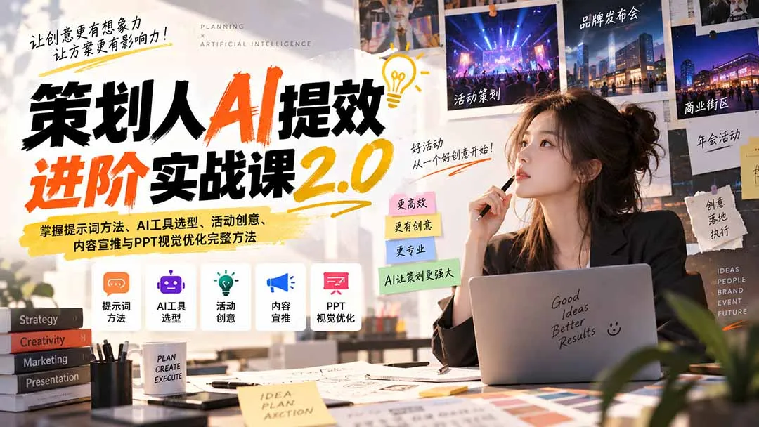 策划人AI提效进阶实战课2.0:掌握提示词方法、AI工具选型、活动创意、内容宣推与PPT视觉优化完整方法 1 策划人AI提效进阶实战课2.0:掌握提示词方法、AI工具选型、活动创意、内容宣推与PPT视觉优化完整方法 1