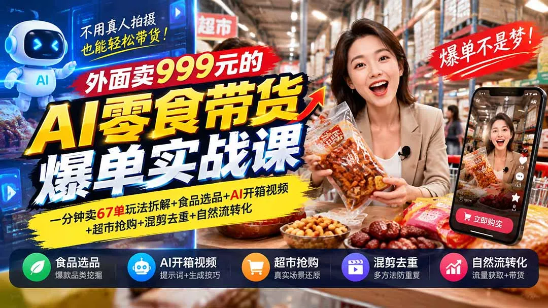 外面卖999元的AI零食带货爆单实战课｜一分钟卖67单玩法拆解+食品选品+AI开箱视频+超市抢购+混剪去重+自然流转化 2