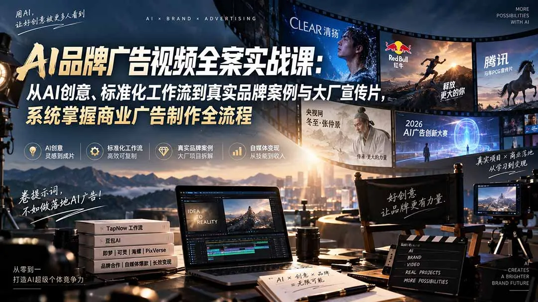 AI品牌广告视频全案实战课:从AI创意、标准化工作流到真实品牌案例与大厂宣传片,系统掌握商业广告制作全流程 1 AI品牌广告视频全案实战课:从AI创意、标准化工作流到真实品牌案例与大厂宣传片,系统掌握商业广告制作全流程 1