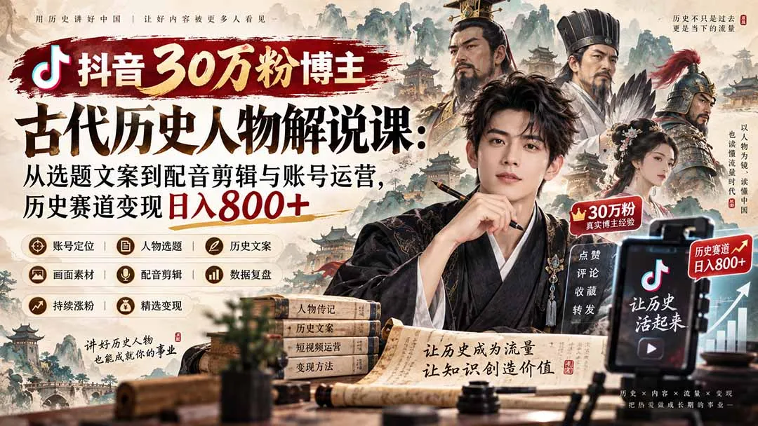 抖音30万粉博主古代历史人物解说课：从选题文案到配音剪辑与账号运营，历史赛道变现日入800+ 1