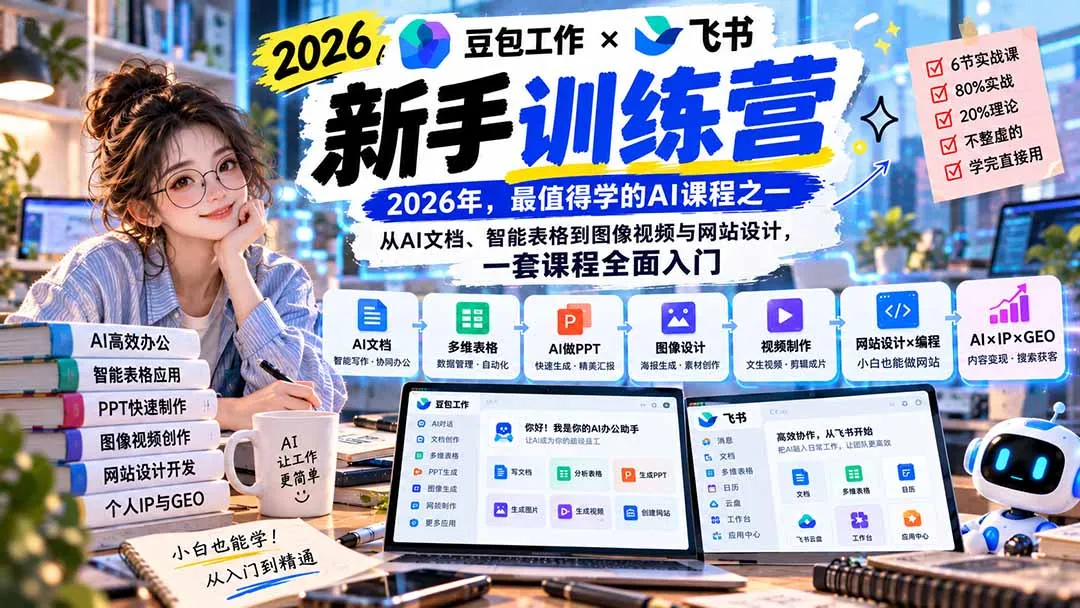 2026豆包工作+飞书新手训练营-9月新课:从AI文档、智能表格到图像视频与网站设计,一套课程全面入门 1 2026豆包工作+飞书新手训练营-9月新课:从AI文档、智能表格到图像视频与网站设计,一套课程全面入门 1