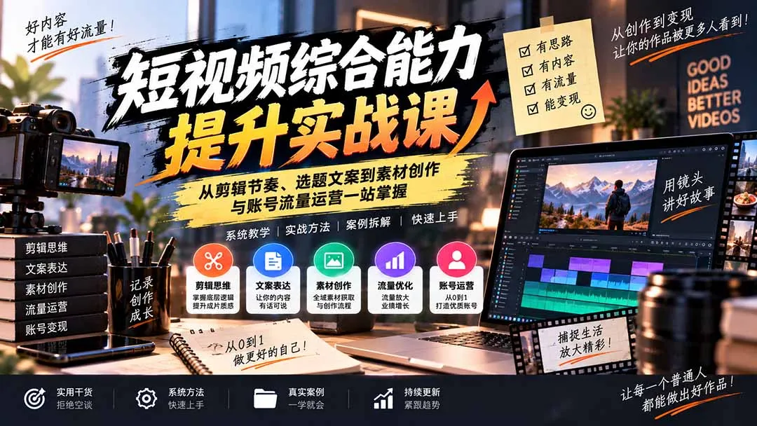 短视频综合能力提升实战课：从剪辑节奏、选题文案到素材创作与账号流量运营一站掌握