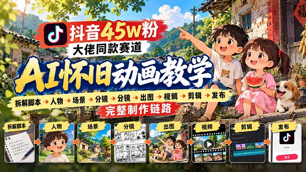 抖音45W粉大佬同款赛道AI怀旧动画教学:拆解脚本→人物→场景→分镜→出图→视频→剪辑→发布完整制作链路 1 抖音45W粉大佬同款赛道AI怀旧动画教学:拆解脚本→人物→场景→分镜→出图→视频→剪辑→发布完整制作链路 1