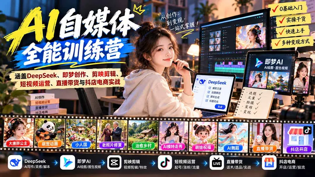 【无水印】AI+自媒体全能训练营:涵盖DeepSeek、即梦创作、剪映剪辑、短视频运营、直播带货与抖店电商实战 1 【无水印】AI+自媒体全能训练营:涵盖DeepSeek、即梦创作、剪映剪辑、短视频运营、直播带货与抖店电商实战 1