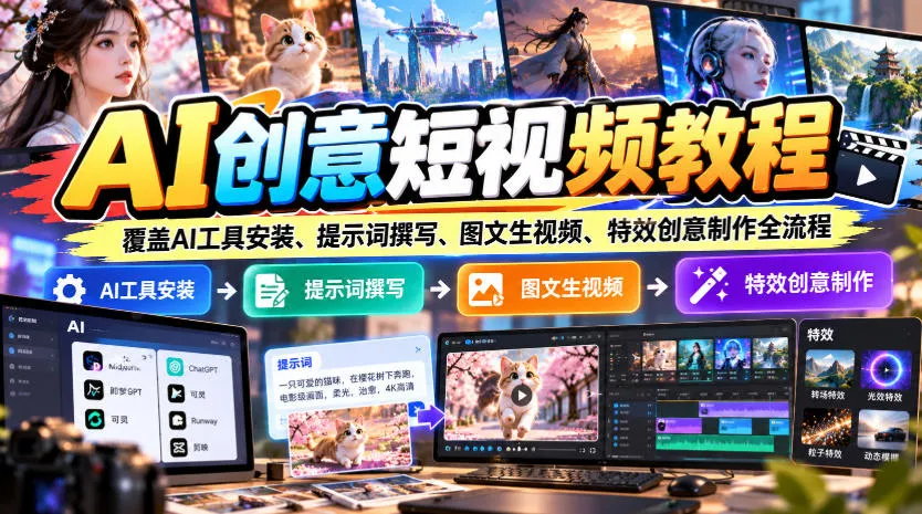 AI创意短视频教程，覆盖AI工具安装、提示词撰写、图文生视频、特效创意制作全流程