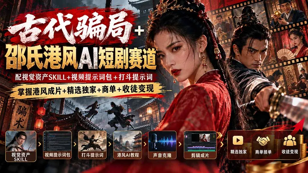 古代骗局+邵氏港风AI短剧赛道：配视觉资产SKILL+视频提示词包+打斗提示词，掌握港风成片+精选独家+商单+收徒变现 1
