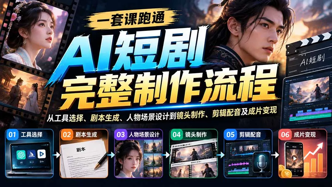 一套课跑通AI短剧完整制作流程:从工具选择、剧本生成、人物场景设计到镜头制作、剪辑配音及成片变现 1 一套课跑通AI短剧完整制作流程:从工具选择、剧本生成、人物场景设计到镜头制作、剪辑配音及成片变现 1