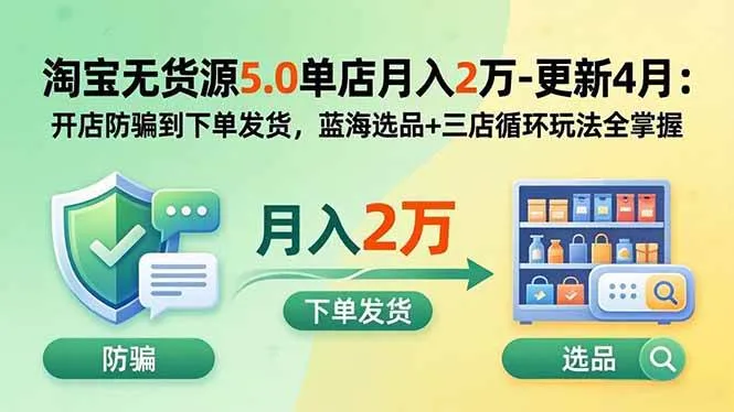 （19683期）淘宝无货源5.0单店月入2万-更新2026：开店防骗到下单发货，蓝海选品+三店循环玩法全掌握