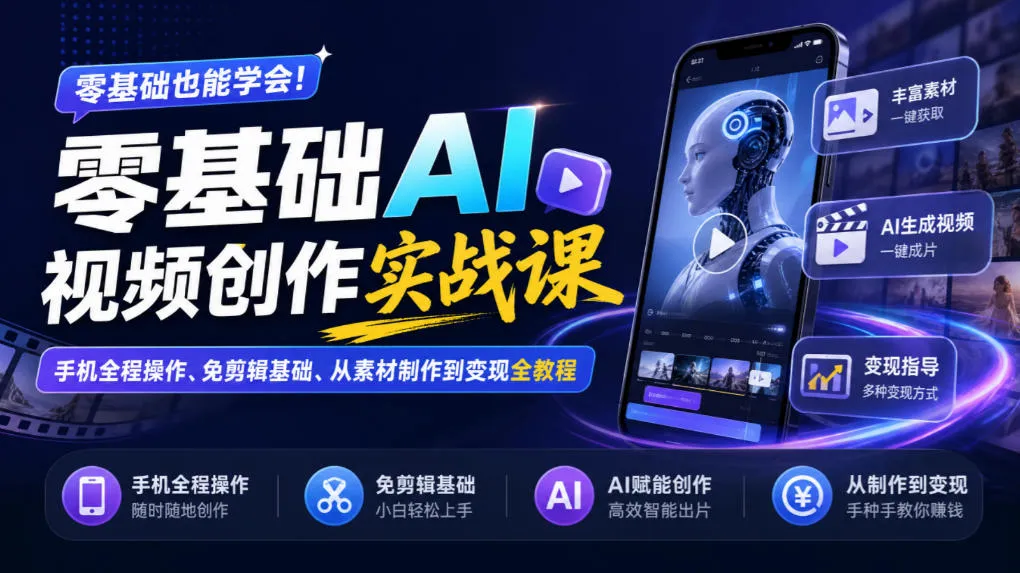 零基础AI视频创作实战课｜手机全程操作、免剪辑基础、从素材制作到变现全教程