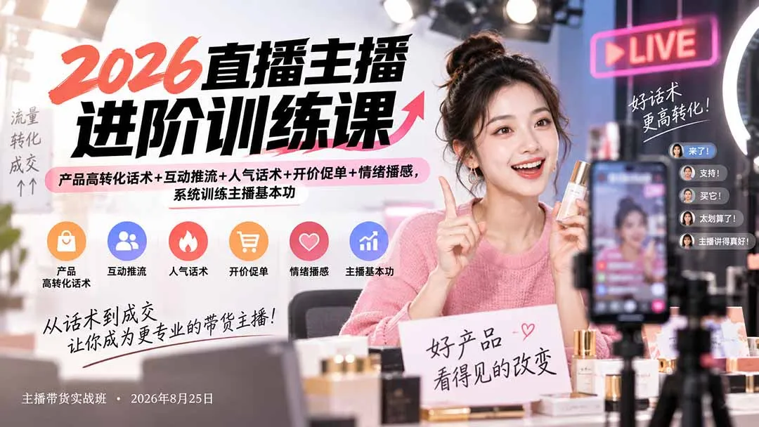 2026直播主播进阶训练课:产品高转化话术+互动推流+人气话术+开价促单+情绪播感,系统训练主播基本功 1 2026直播主播进阶训练课:产品高转化话术+互动推流+人气话术+开价促单+情绪播感,系统训练主播基本功 1