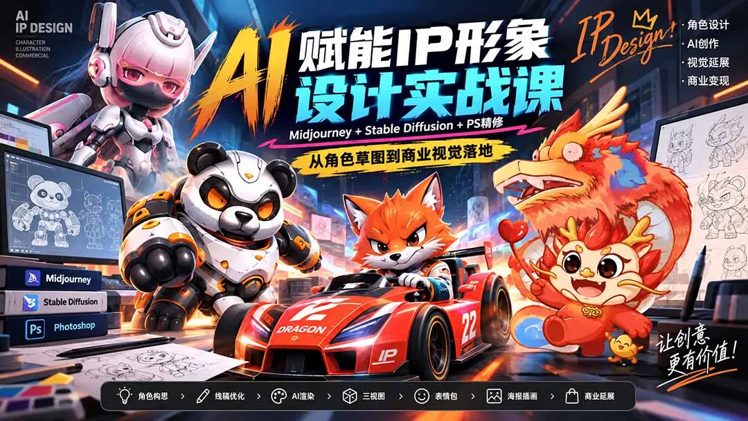 AI赋能IP形象设计实战课-无水印:Midjourney+Stable Diffusion+PS精修,从角色草图到商业视觉落地 1 AI赋能IP形象设计实战课-无水印:Midjourney+Stable Diffusion+PS精修,从角色草图到商业视觉落地 1