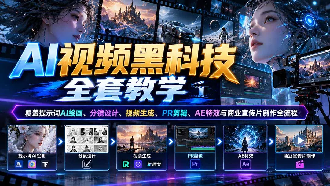 AI视频黑科技全套教学：覆盖提示词AI绘画、分镜设计、视频生成、PR剪辑、AE特效与商业宣传片制作全流程 1