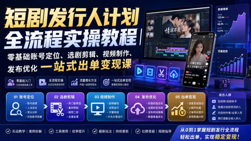 短剧发行人计划全流程实操教程｜零基础账号定位、选剧剪辑、视频制作、发布优化一站式出单变现课