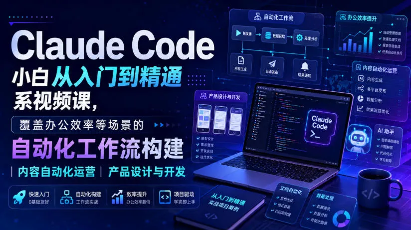 Claude Code小白从入门到精通系视频课，覆盖办公效率等场景的自动化工作流构建|内容自动化运营|产品设计与开发
