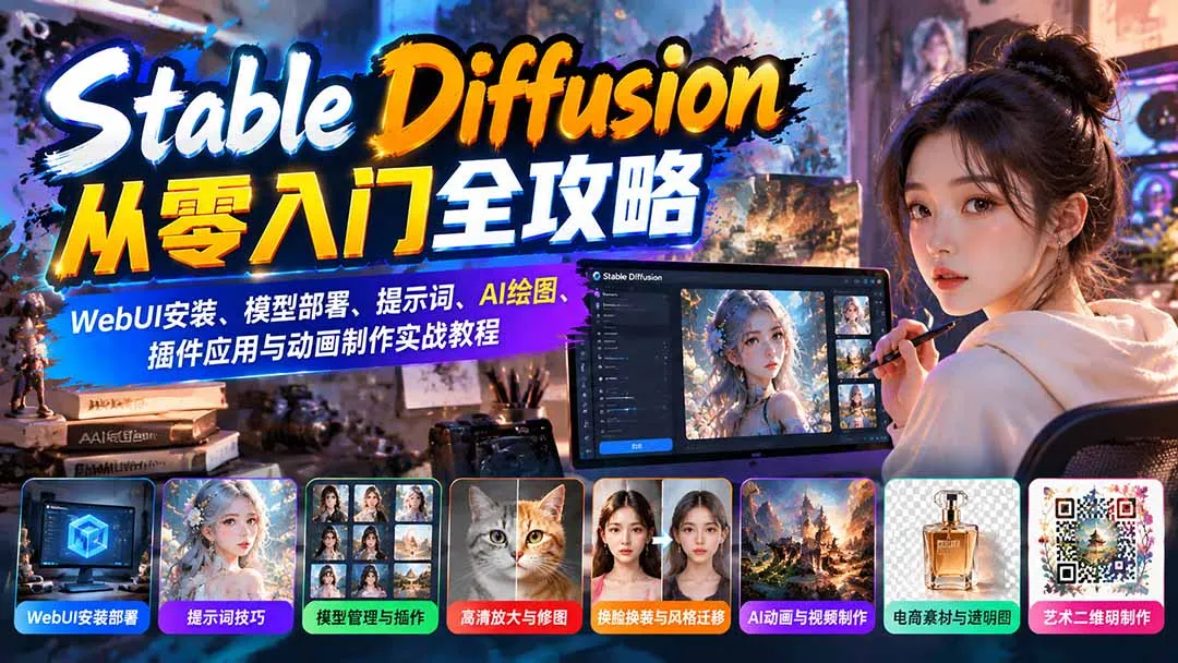 Stable Diffusion从零入门全攻略:WebUI安装、模型部署、提示词、AI绘图、插件应用与动画制作实战教程 1 Stable Diffusion从零入门全攻略:WebUI安装、模型部署、提示词、AI绘图、插件应用与动画制作实战教程 1