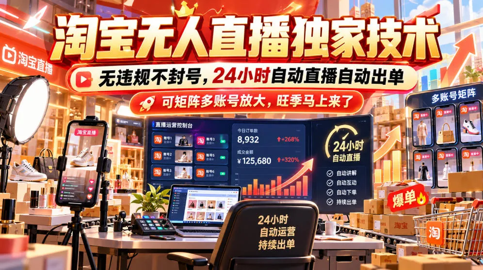 淘宝无人直播独家技术，无违规不封号，24小时自动直播自动出单，可矩阵多账号放大，旺季马上来了【揭秘】