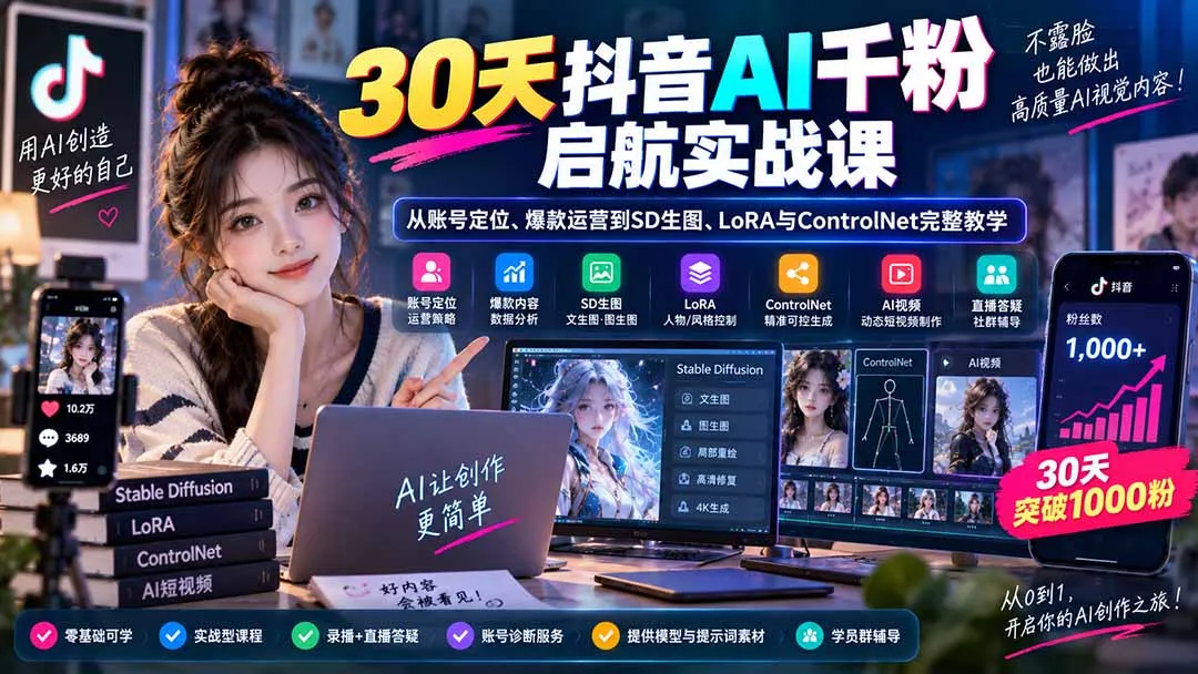 30天抖音AI千粉启航实战课:从账号定位、爆款运营到SD生图、LoRA与ControlNet完整教学 1 30天抖音AI千粉启航实战课:从账号定位、爆款运营到SD生图、LoRA与ControlNet完整教学 1
