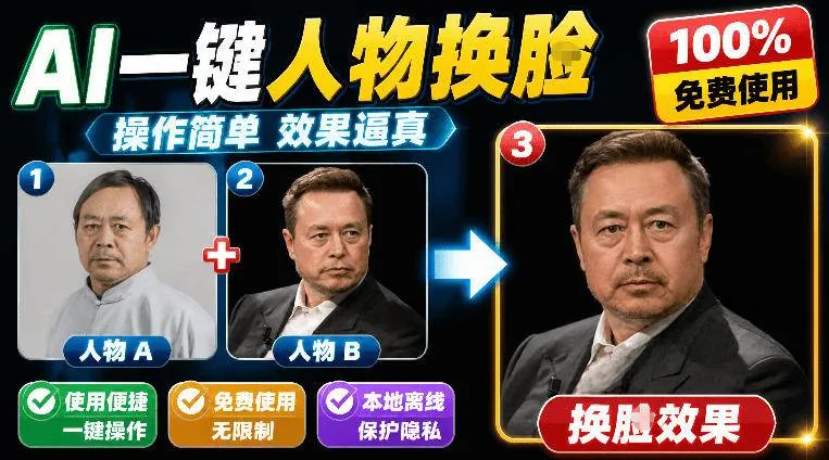 (19012期)纯离线本地运行!AI一键人物lian部替换软件,支持图片换lian,效果逼真,最便捷换lian工具FaceSwap