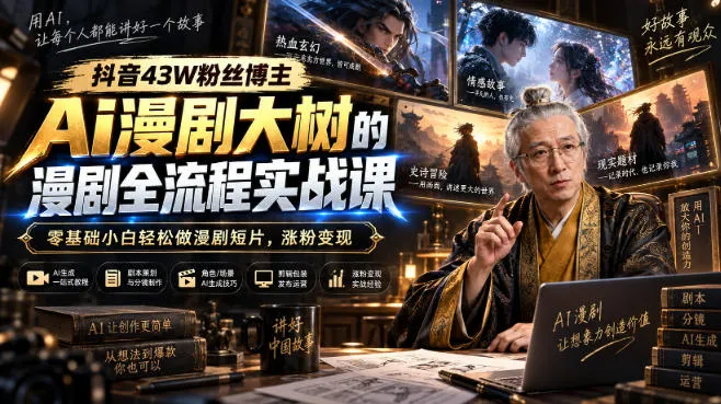 抖音43W粉丝博主Ai漫剧大树的漫剧制作全流程实战课，零基础小白轻松做漫剧短片，涨粉变现(更新1027)