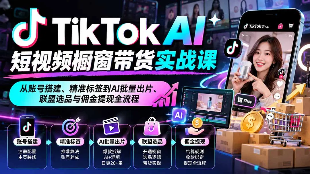 TikTok AI短视频橱窗带货实战课：从账号搭建、精准标签到AI批量出片、联盟选品与佣金提现全流程 1