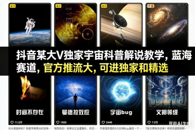 抖音某大V独家宇宙科普解说教学，蓝海赛道，官方推流大，可进独家和精选
