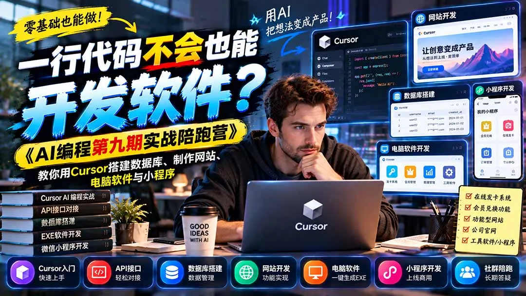 一行代码不会也能开发软件?《AI编程第九期实战陪跑营》教你用Cursor搭建数据库、制作网站、电脑软件与小程序 1 一行代码不会也能开发软件?《AI编程第九期实战陪跑营》教你用Cursor搭建数据库、制作网站、电脑软件与小程序 1