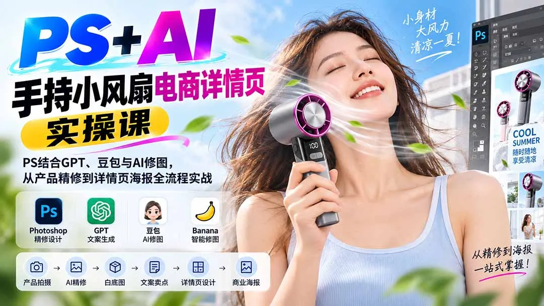 PS+AI手持小风扇电商详情页实操课:PS结合GPT、豆包与AI修图,从产品精修到详情页海报全流程实战 1 PS+AI手持小风扇电商详情页实操课:PS结合GPT、豆包与AI修图,从产品精修到详情页海报全流程实战 1