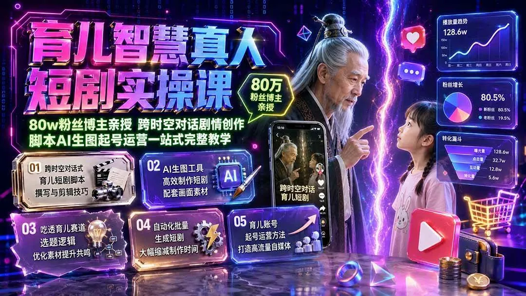 （19663期）育儿智慧真人短剧实操课｜80w粉丝博主亲授，跨时空对话剧情创作，脚本AI生图起号运营一站式完整教学