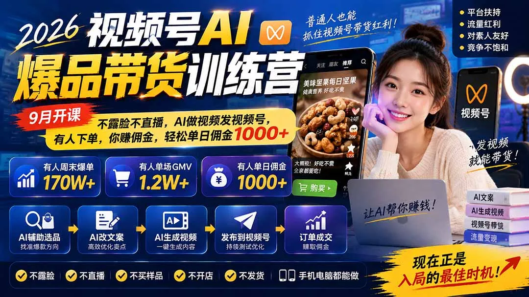 2026视频号AI爆品带货训练营-9月开课|不露脸不直播,AI做视频发视频号,有人下单,你赚佣金,轻松单日佣金1000+ 1 2026视频号AI爆品带货训练营-9月开课|不露脸不直播,AI做视频发视频号,有人下单,你赚佣金,轻松单日佣金1000+ 1