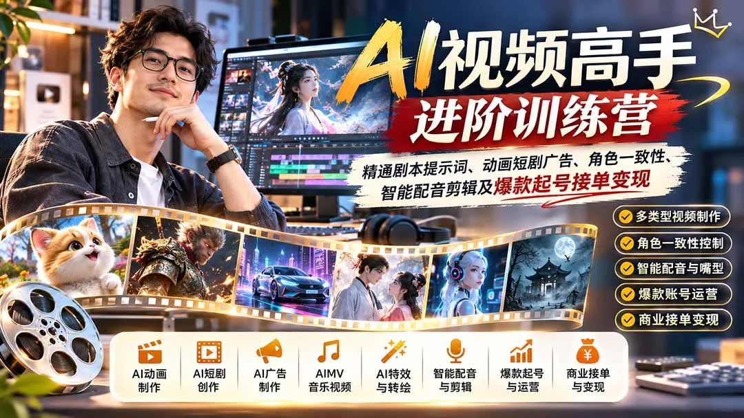 AI视频高手进阶训练营：精通剧本提示词、动画短剧广告、角色一致性、智能配音剪辑及爆款起号接单变现 1