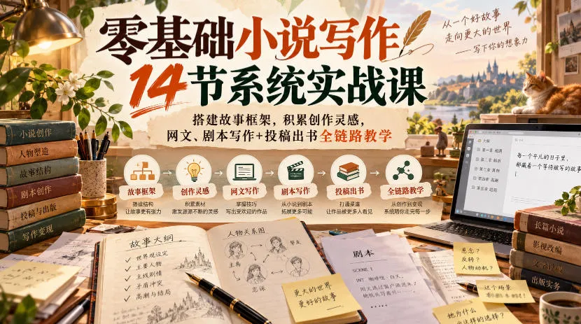 零基础小说写作14节系统实战课，搭建故事框架，积累创作灵感，网文、剧本写作+投稿出书全链路教学