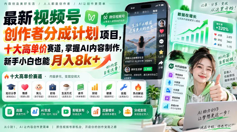 最新视频号创作者分成计划项目，十大高单价赛道，掌握AI内容制作，新手小白也能月入8k+