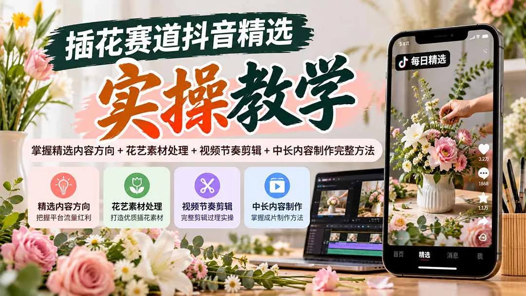 插花赛道抖音精选实操教学：掌握精选内容方向+花艺素材处理+视频节奏剪辑+中长内容制作完整方法 1