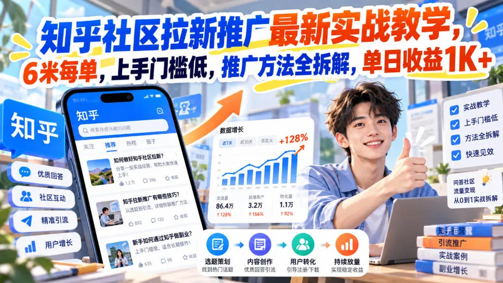 知乎社区拉新推广最新实战教学，6米每单，上手门槛低，推广方法全拆解，单日收益1K+！(更新0930)