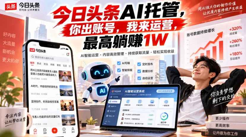 今日头条AI托管,你出账号,我来运营,最高躺賺1W【揭秘】