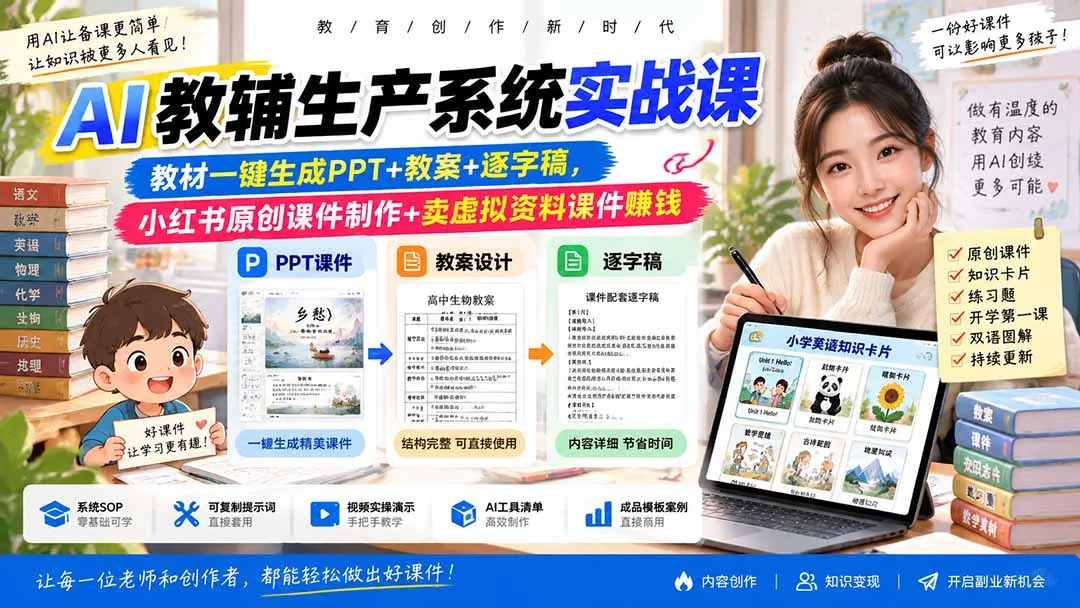 AI教辅生产系统实战课|教材一键生成PPT+教案+逐字稿,小红书原创课件制作+卖虚拟资料课件赚钱 1 AI教辅生产系统实战课|教材一键生成PPT+教案+逐字稿,小红书原创课件制作+卖虚拟资料课件赚钱 1
