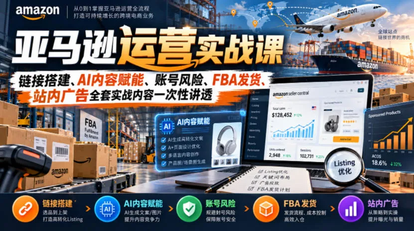 亚马逊运营实战课，链接搭建、AI内容赋能、账号风险、FBA发货、站内广告全套实战内容一次性讲透