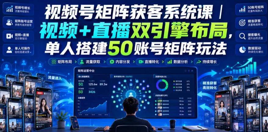 视频号矩阵获客系统课｜视频+直播双引擎布局，单人搭建50账号矩阵玩法，流量入池、搜索占位、全域引流沉淀私域全流程教学