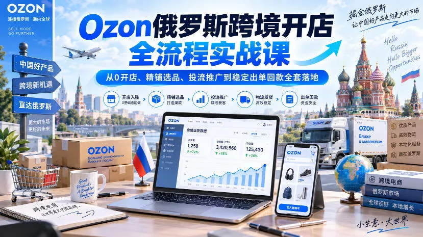 Ozon俄罗斯跨境开店全流程实战课｜从0开店、精铺选品、投流推广到稳定出单回款全套落地