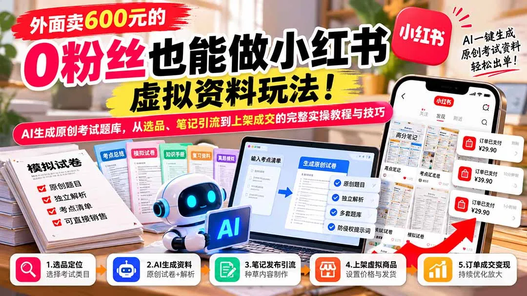外面卖600元的 零粉丝也能做小红书虚拟资料玩法！AI生成原创考试题库，从选品、笔记引流到上架成交的完整实操教程