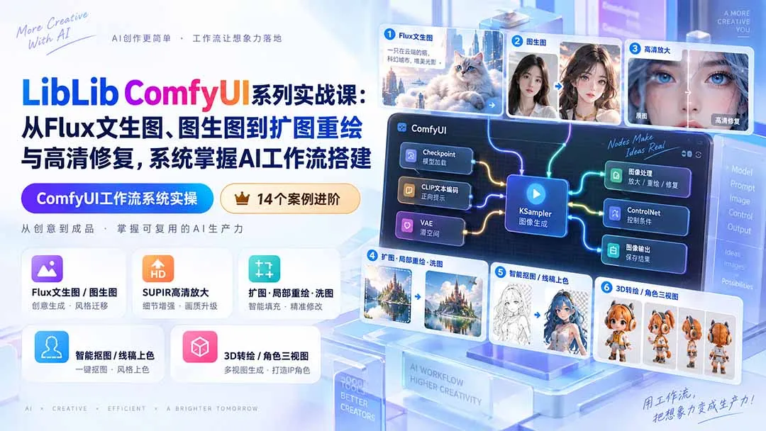 LibLib ComfyUI系列实战课：从Flux文生图、图生图到扩图重绘与高清修复，系统掌握AI工作流搭建 1