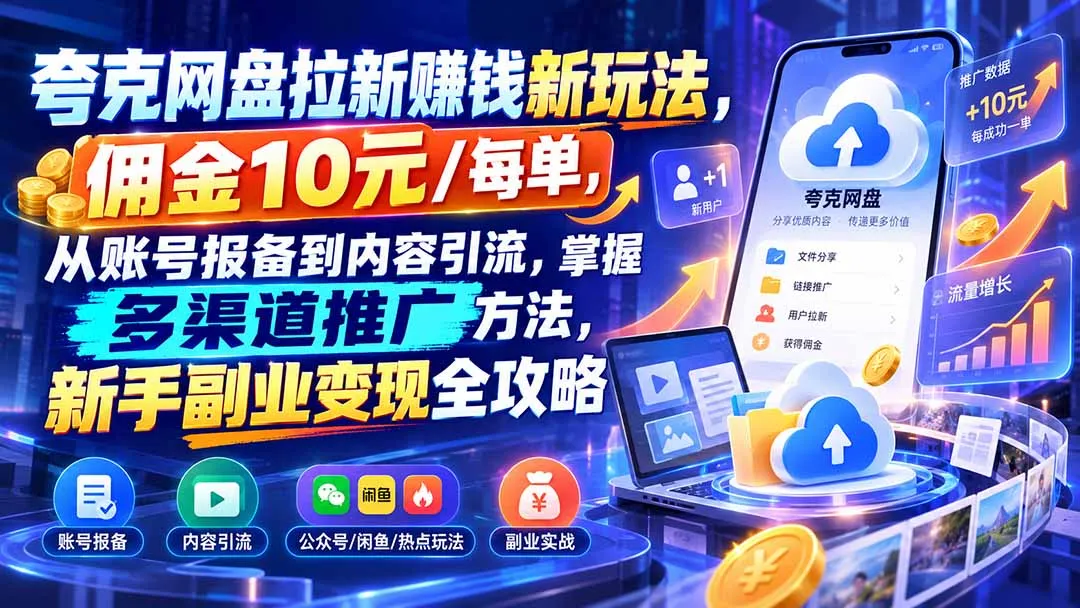 夸克网盘拉新赚钱新玩法,佣金10元/每单,从账号报备到内容引流,掌握多渠道推广方法,新手副业变现全攻略 1 夸克网盘拉新赚钱新玩法,佣金10元/每单,从账号报备到内容引流,掌握多渠道推广方法,新手副业变现全攻略 1