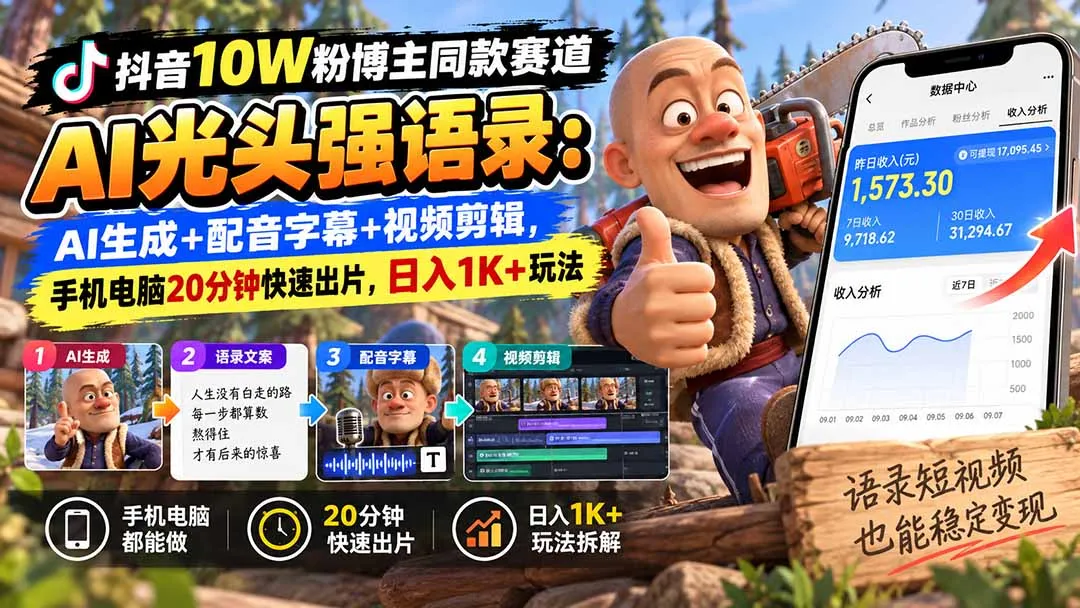 【无水印】抖音10W粉博主同款赛道AI光头强语录：AI生成+配音字幕+视频剪辑，手机电脑20分钟快速出片，日入1K+玩法 2